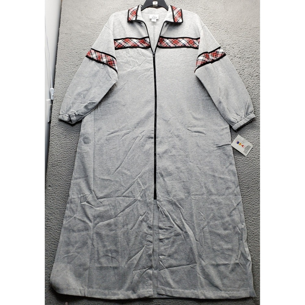 Beth Michaels Pajama Nightgown Womens 2X Gray Plaid Trim Long Sleeve Full Zip